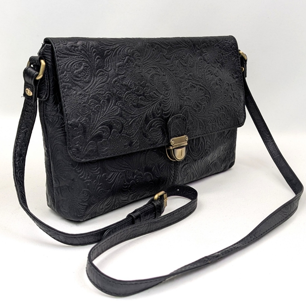 Sorpresa Tooled Leather Crossbody Bag Floral Embossed Flap Bag Adjustable Strap